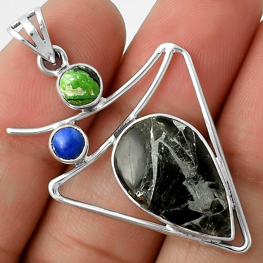 Obsidian And Zinc, Green Matrix Turquoise & Lapis Pendant P-1025 SDP115441