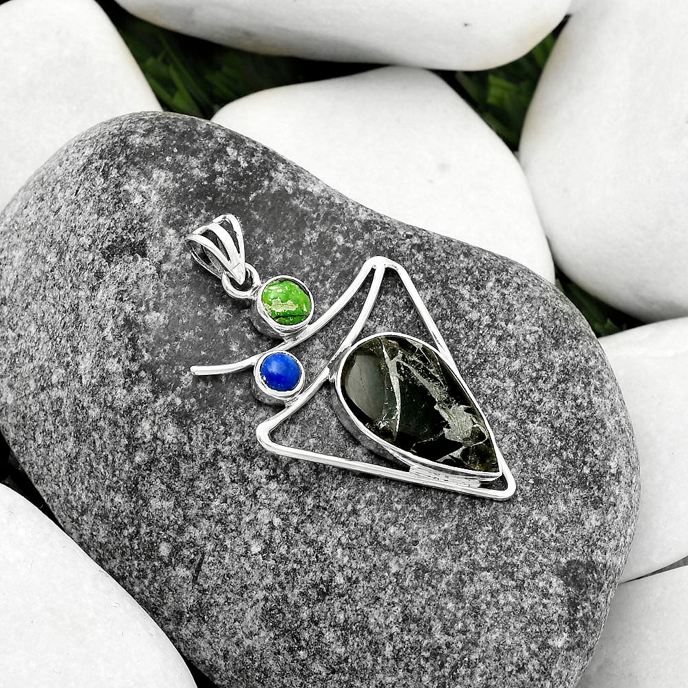 Obsidian And Zinc, Green Matrix Turquoise & Lapis Pendant P-1025 SDP115441