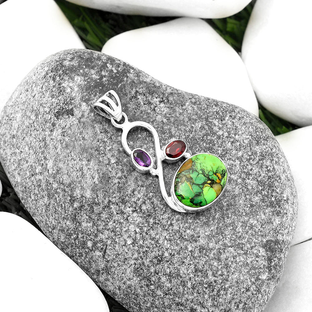 Green Matrix Turquoise, Garnet & Amethyst Pendant P-1027 SDP115516