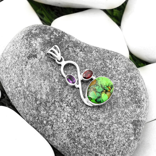 Green Matrix Turquoise, Garnet & Amethyst Pendant P-1027 SDP115516