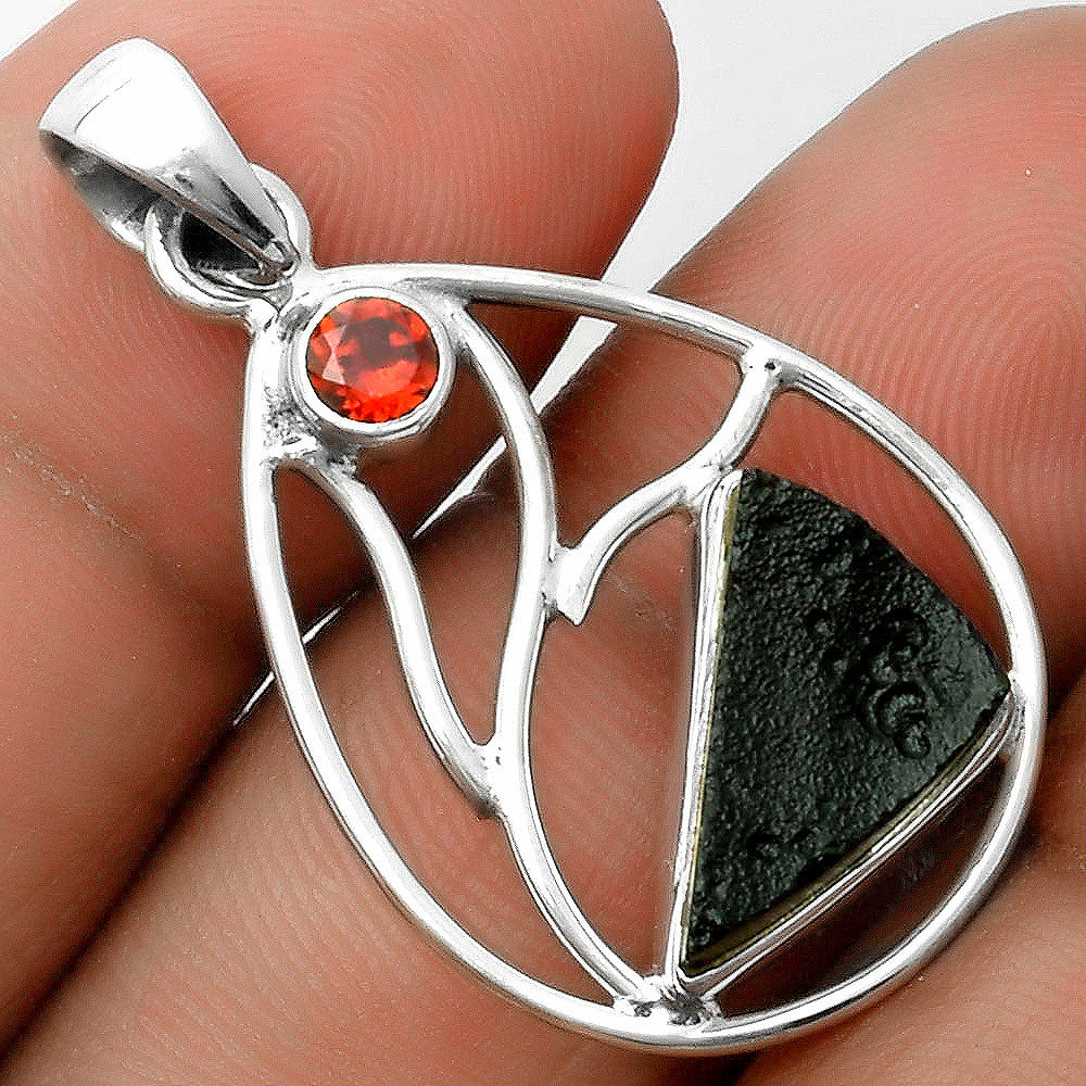 Natural Tektite Rough Greek & Garnet Pendant P-1572 SDP115744