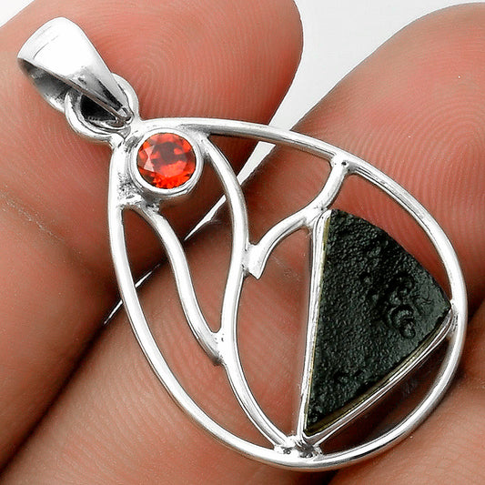 Natural Tektite Rough Greek & Garnet Pendant P-1572 SDP115744