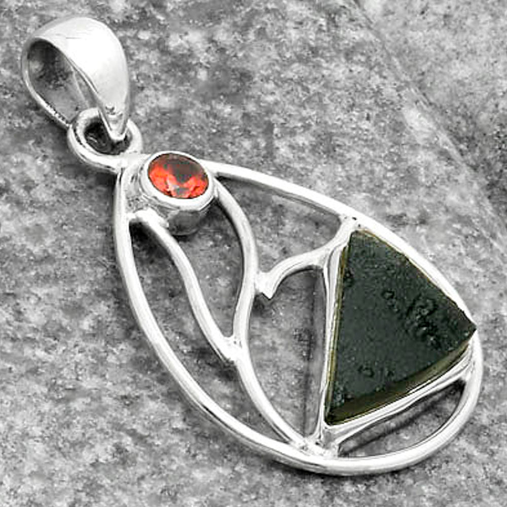 Natural Tektite Rough Greek & Garnet Pendant P-1572 SDP115744