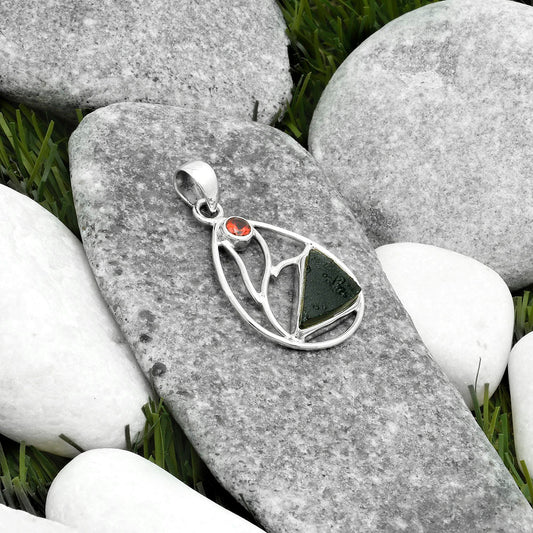 Natural Tektite Rough Greek & Garnet Pendant P-1572 SDP115744