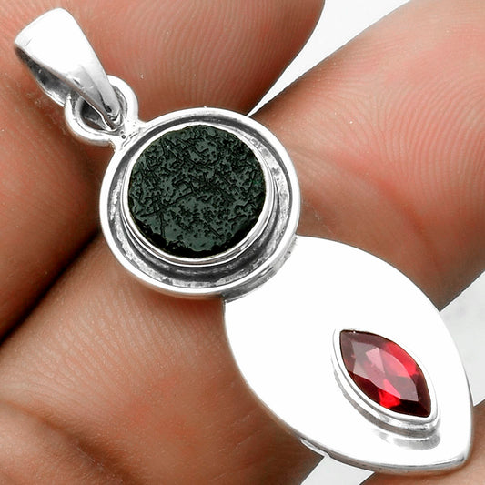 Natural Tektite Rough Greek & Garnet Pendant P-1186 SDP115814