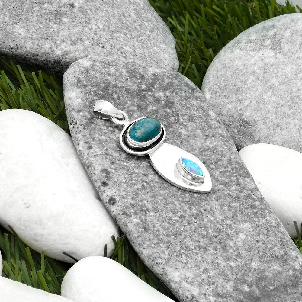 Blue Apatite - Madagascar & Fire Opal Pendant P-1186 SDP115823