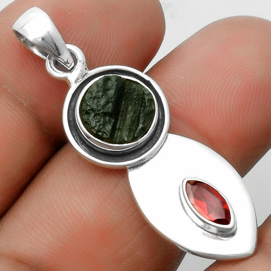 Natural Tektite Rough Greek & Garnet Pendant P-1186 SDP115833