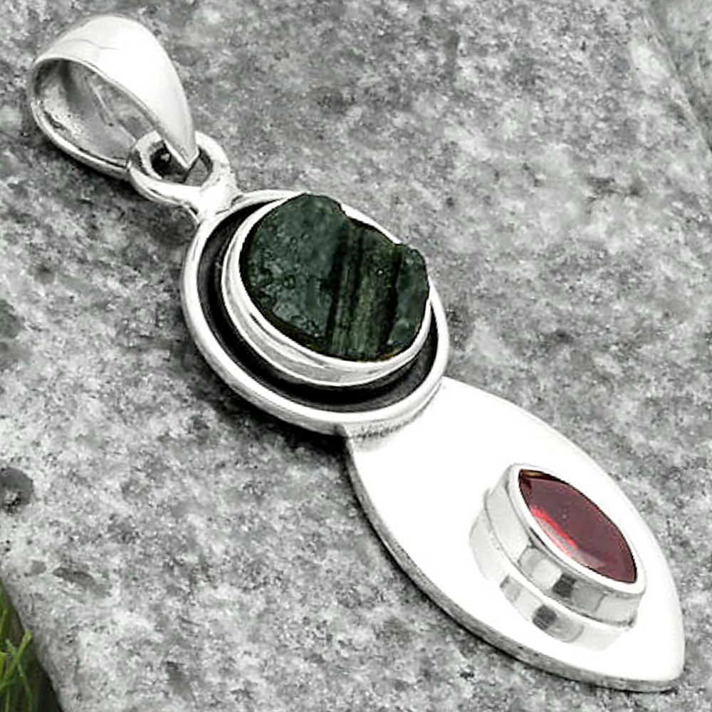 Natural Tektite Rough Greek & Garnet Pendant P-1186 SDP115833