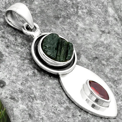 Natural Tektite Rough Greek & Garnet Pendant P-1186 SDP115833