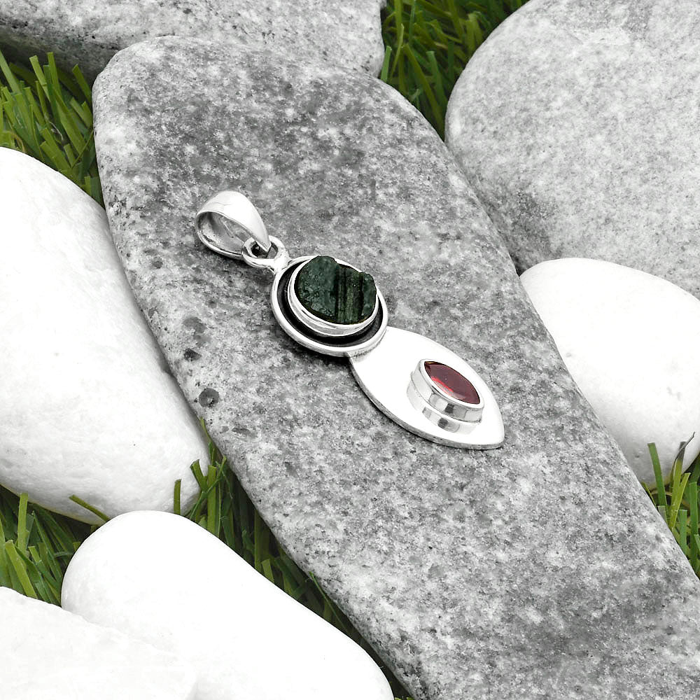 Natural Tektite Rough Greek & Garnet Pendant P-1186 SDP115833