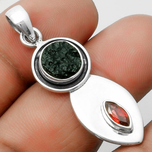 Natural Tektite Rough Greek & Garnet Pendant P-1186 SDP115837