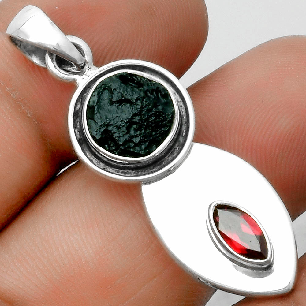 Natural Tektite Rough Greek & Garnet Pendant P-1186 SDP115838