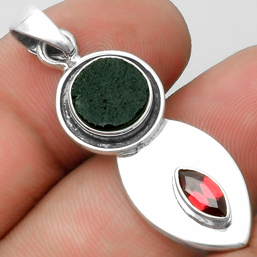 Natural Tektite Rough Greek & Garnet Pendant P-1186 SDP115842