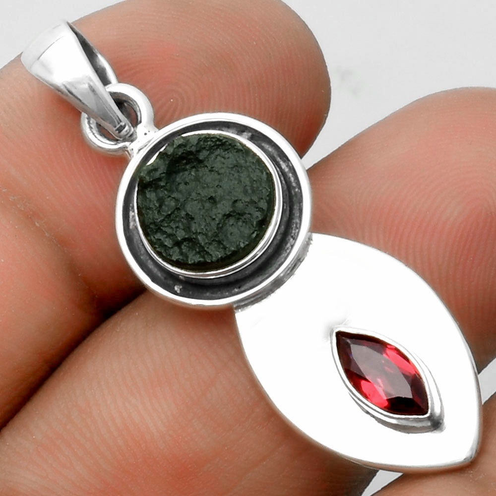 Natural Tektite Rough Greek & Garnet Pendant P-1186 SDP115846