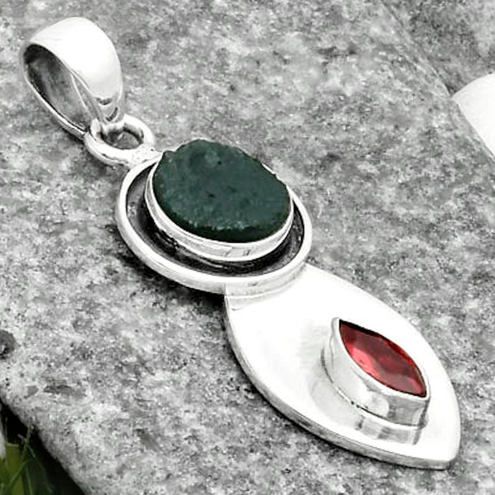 Natural Tektite Rough Greek & Garnet Pendant P-1186 SDP115846