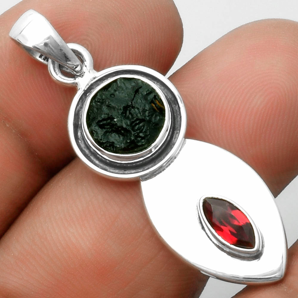 Natural Tektite Rough Greek & Garnet Pendant P-1186 SDP115848