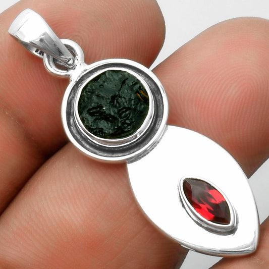 Natural Tektite Rough Greek & Garnet Pendant P-1186 SDP115848