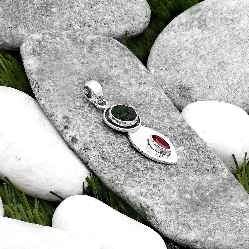 Natural Tektite Rough Greek & Garnet Pendant P-1186 SDP115848