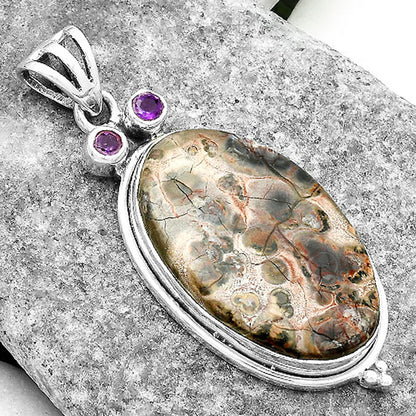 Owl - Leopard Skin Jasper & Amethyst Pendant P-1083 SDP116595
