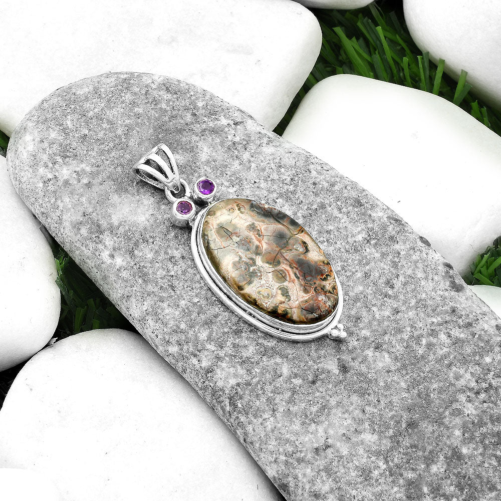 Owl - Leopard Skin Jasper & Amethyst Pendant P-1083 SDP116595