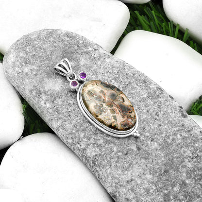 Owl - Leopard Skin Jasper & Amethyst Pendant P-1083 SDP116595