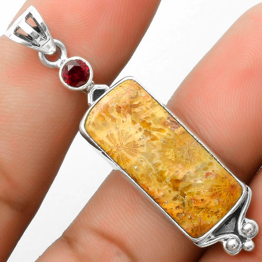 Natural Flower Fossil Coral & Garnet Pendant P-1045 SDP116977
