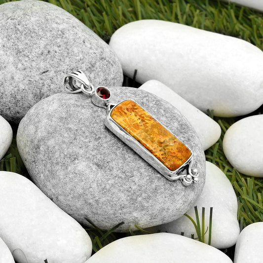 Natural Flower Fossil Coral & Garnet Pendant P-1045 SDP116977