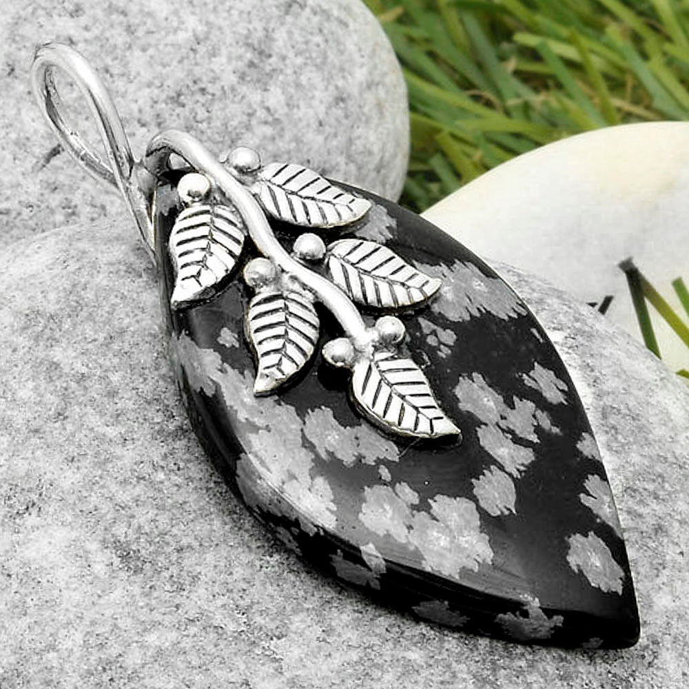 Leaves - Natural Snow Flake Obsidian Pendant P-1291 SDP117275