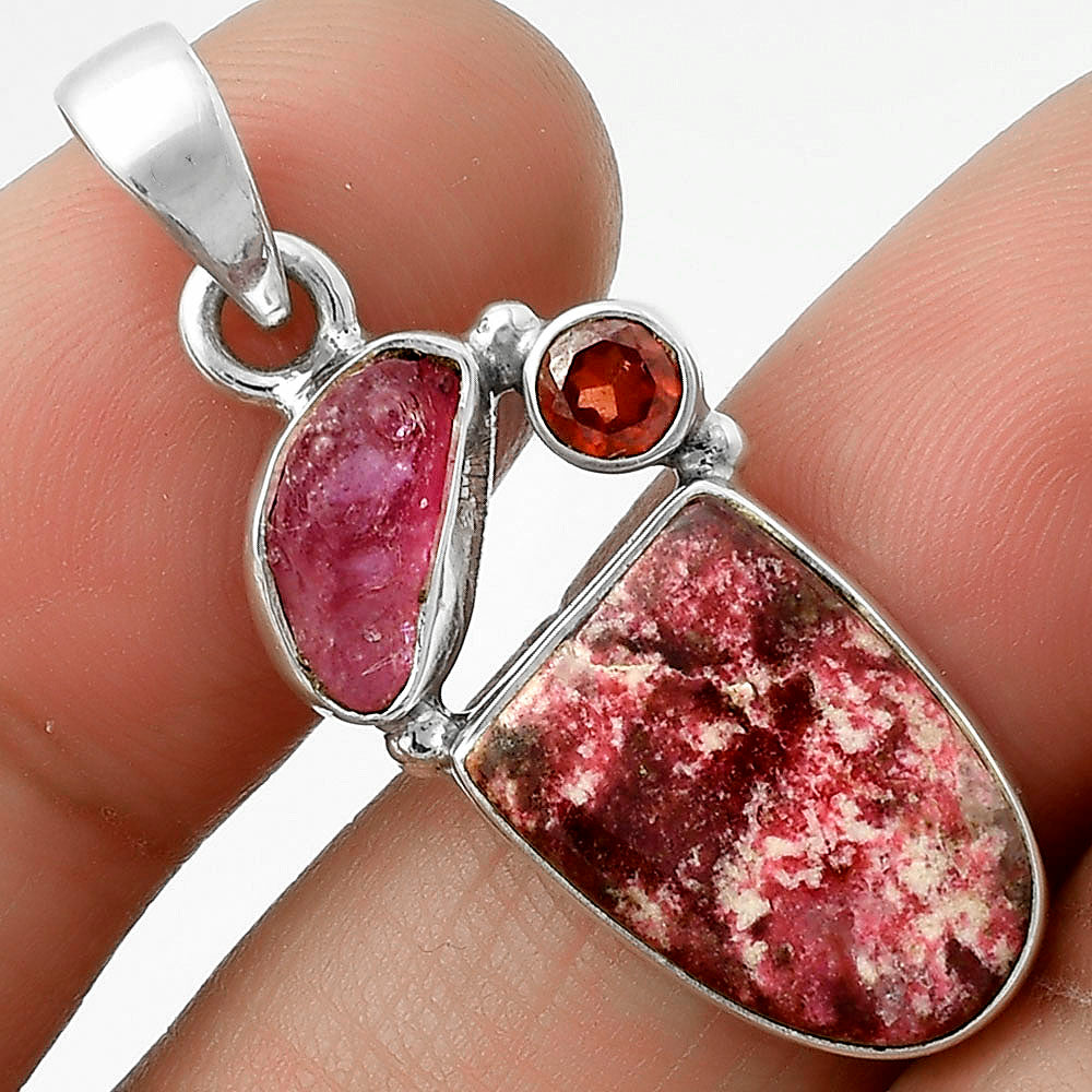 Pink Thulite, Pink Tourmaline Rough & Garnet Pendant P-1203 SDP118094