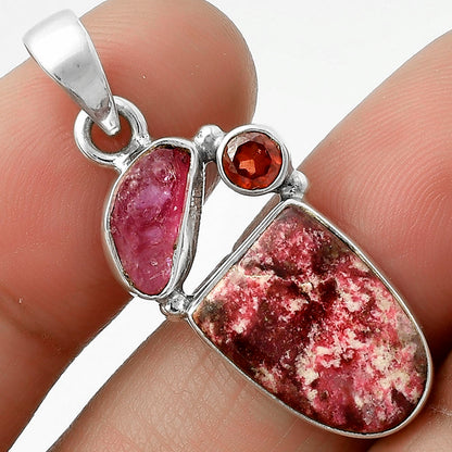 Pink Thulite, Pink Tourmaline Rough & Garnet Pendant P-1203 SDP118094