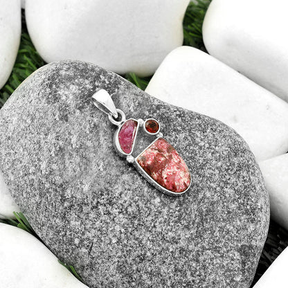 Pink Thulite, Pink Tourmaline Rough & Garnet Pendant P-1203 SDP118094