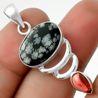 Natural Snow Flake Obsidian & Garnet Pendant P-1693 SDP118137