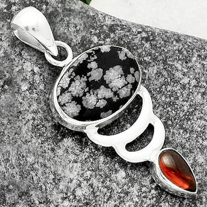 Natural Snow Flake Obsidian & Garnet Pendant P-1693 SDP118137
