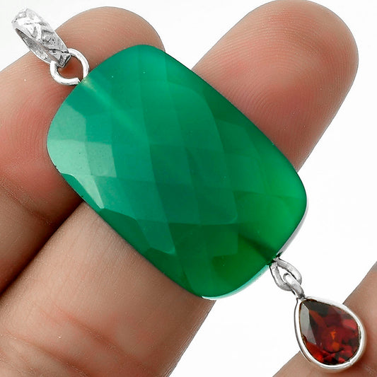Faceted Natural Green Onyx & Garnet Pendant P-1098 SDP118502