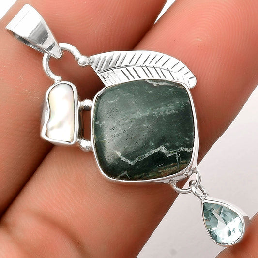 Larsonite Jasper, Pearl & Sky Blue Topaz Pendant P-1414 SDP118750