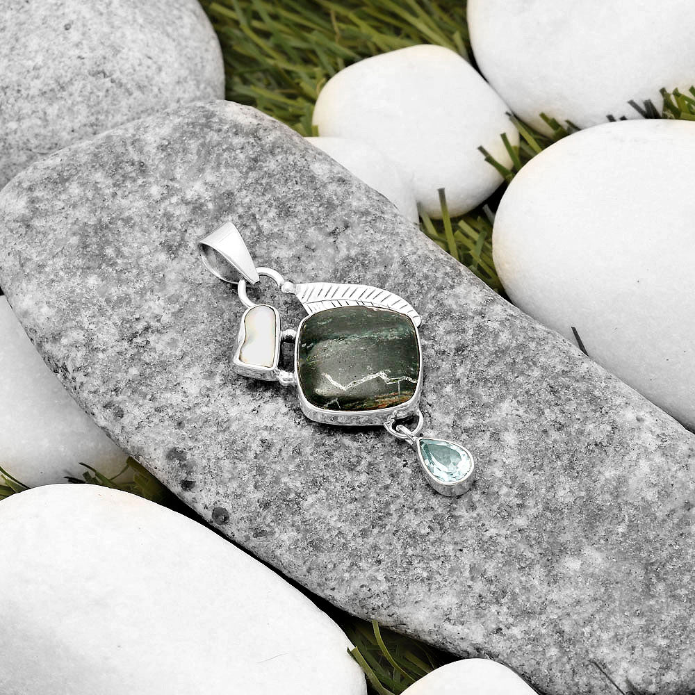 Larsonite Jasper, Pearl & Sky Blue Topaz Pendant P-1414 SDP118750