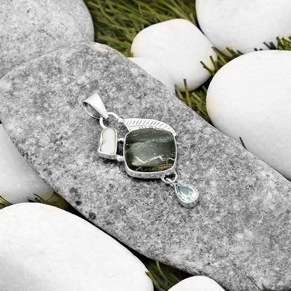 Larsonite Jasper, Pearl & Sky Blue Topaz Pendant P-1414 SDP118750