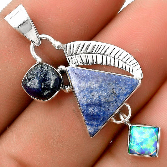 Dumortierite Quartz, Blue Sapphire Rough & Fire Opal Pendant P-1414 SDP118753
