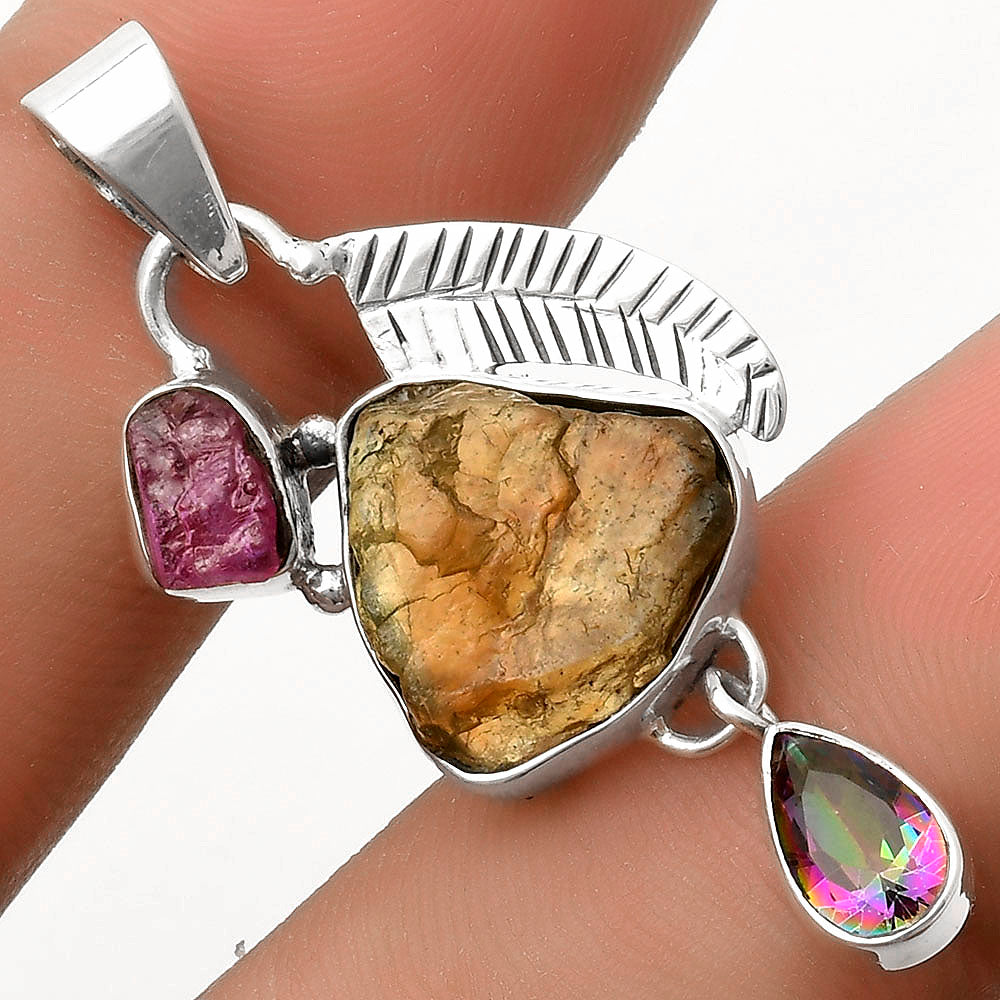 Rare Kornerupine Rough, Tourmaline Rough & Mystic Topaz Silver Pendant P-1414 SDP118761