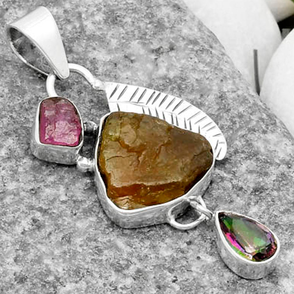Rare Kornerupine Rough, Tourmaline Rough & Mystic Topaz Silver Pendant P-1414 SDP118761