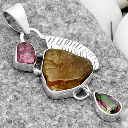 Rare Kornerupine Rough, Tourmaline Rough & Mystic Topaz Silver Pendant P-1414 SDP118761