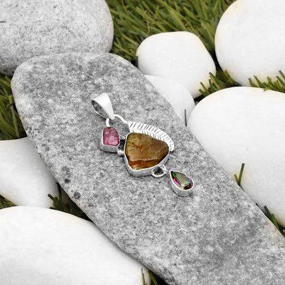 Rare Kornerupine Rough, Tourmaline Rough & Mystic Topaz Silver Pendant P-1414 SDP118761