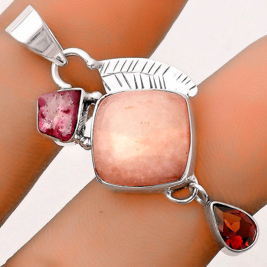 Pink Scolecite, Pink Tourmaline Rough & Garnet Pendant P-1414 SDP118775