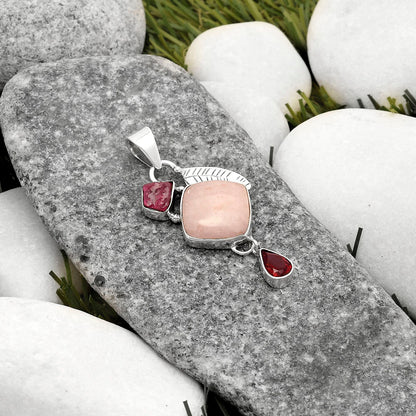 Pink Scolecite, Pink Tourmaline Rough & Garnet Pendant P-1414 SDP118775