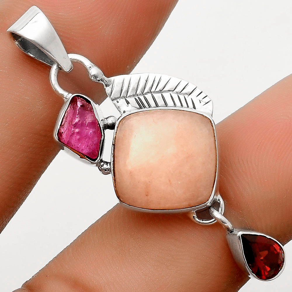 Pink Scolecite, Pink Tourmaline Rough & Garnet Pendant P-1414 SDP118777