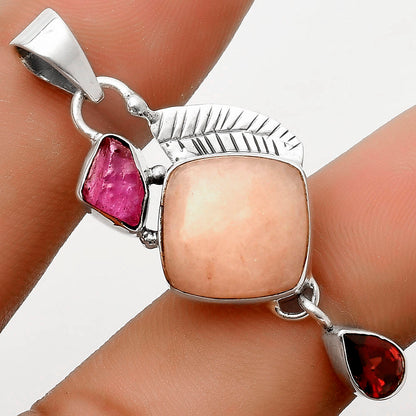 Pink Scolecite, Pink Tourmaline Rough & Garnet Pendant P-1414 SDP118777