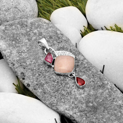 Pink Scolecite, Pink Tourmaline Rough & Garnet Pendant P-1414 SDP118777