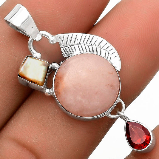 Natural Pink Scolecite, Pearl & Garnet Pendant P-1414 SDP118778