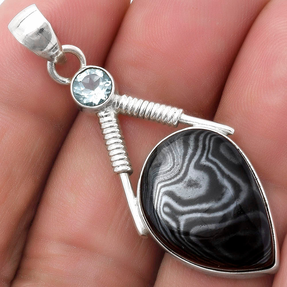 Crown Of Silver Psilomelane Black Malachite & Sky Topaz Silver Pendant P-1600 SDP119566