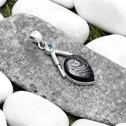 Crown Of Silver Psilomelane Black Malachite & Sky Topaz Silver Pendant P-1600 SDP119566